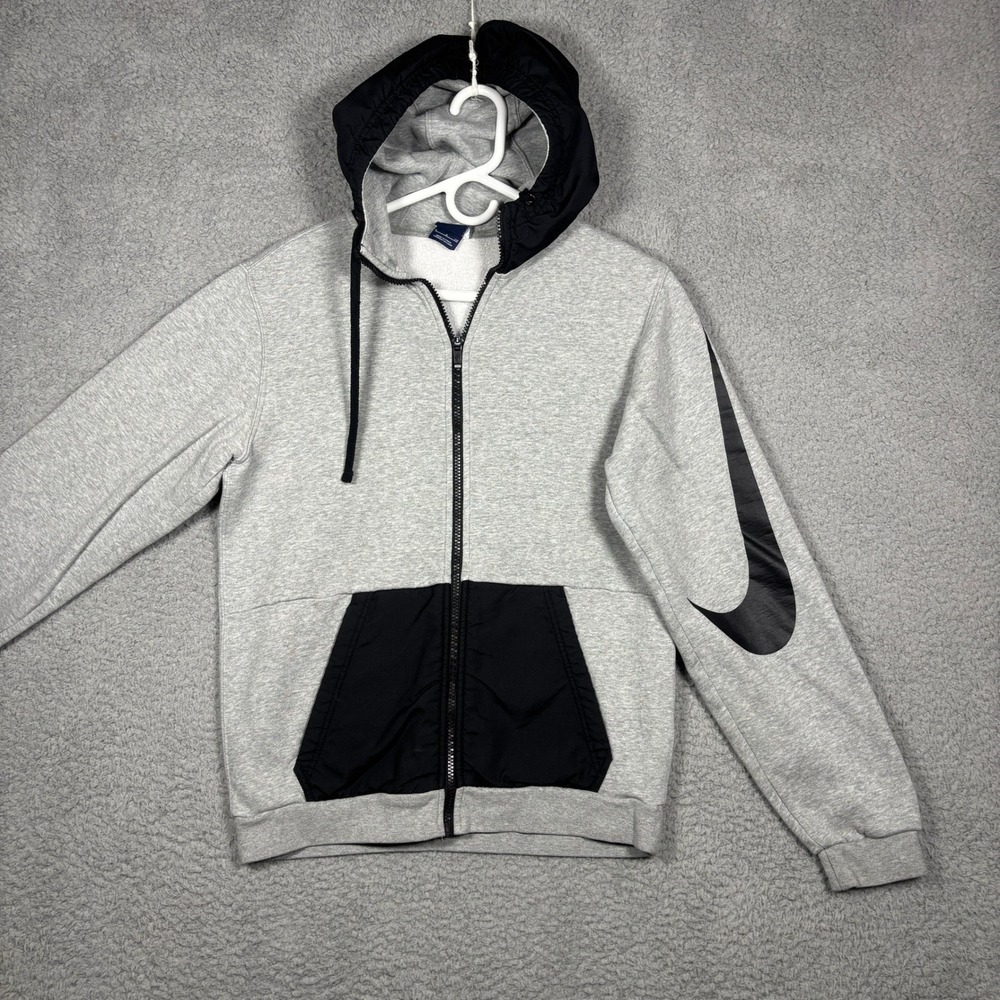 Nike Mens Full Zip Hoodie Gray Black Big Swoosh Sleeve Graphic Small 1860